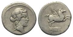 Roman Republican Q. Titius. Denar (Silber). 90 v. Chr. Rom. Vs: Kopf des Bacchus (Liber) mit Efeukranz rechts. Rs: Pegasus nach rechts springend, darunter Basis mit der Inschrift Q TITI. 18 mm. 3,46 g