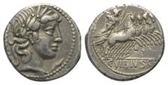 Roman Republican C. Vibius Pansa. Denar (Silber). 90 v. Chr. Rom. Vs: PANSA. Kopf des Apollo mit Lorbeerkranz rechts, davor Kontrollmarke. Rs: C VIBIVS C F. Minerva mit Lanze und Tropaeum in Quadriga 