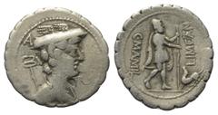 Roman Republican C. Mamilius Limetanus. Denar (Silber). 82 v. Chr. Rom. Vs: Büste des Mercur mit Petasus und Caduceus rechts; darüber Kontrollmarke A. Rs: C MAMIL / LIMETAN. Odysseus mit Wanderstab na