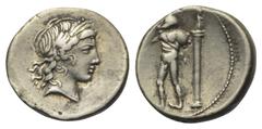 Roman Republican L. Censorinus. Denar (Silber). 82 v. Chr. Rom. Vs: Kopf des Apollo mit Lorbeerkranz rechts. Rs: [L CENSOR]. Marsyas mit erhobener Rechter und geschultertem Weinschlauch nach links ste