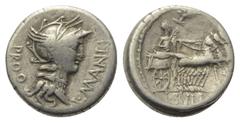 Roman Republican L. Sulla und L. Manlius Torquatus. Denar (Silber). 82 v. Chr. Feldmünzstätte des Sulla. Vs: L MANLI PRO Q. Kopf der Roma mit geflügeltem Greifenkopfhelm rechts. Rs: L SVLLA IM. Sulla 