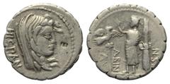 Roman Republican A. Postumius Albinus. Denar (Silber). 81 v. Chr. Rom. Vs: HISPAN. Verschleierter Kopf der Hispania rechts. Rs: A POST A F S N / ALBIN. Togatus mit erhobener Rechter zwischen Legionsad