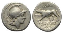 Roman Republican P. Satrienus. Denar (Silber). 77 v. Chr. Rom. Vs: Kopf der Roma mit Helm rechts, dahinter Kontrollzeichen VII. Rs: P SATRIE / NVS. Wölfin mit erhobenem rechten Vorderbein nach links s