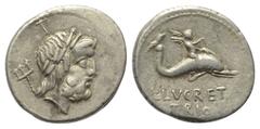 Roman Republican L. Lucretius Trio. Denar (Silber). 74 v. Chr. Rom. Vs: Kopf des Neptun mit Lorbeerkranz rechts, dahinter Dreizack, darüber Kontrollmarke L. Rs: L LVCRETI / TRIO. Cupido auf Delphin na