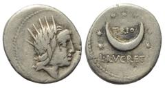 Roman Republican L. Lucretius Trio. Denar (Silber). 74 v. Chr. Rom. Vs: Kopf des Sol mit Strahlenkranz rechts. Rs: L LVCRETI / TRIO. Liegende Mondsichel, umgeben von sieben Sternen. 19 mm. 3,66 g. Cr.