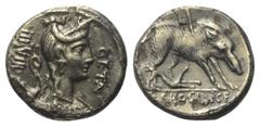 Roman Republican C. Hosidius Geta. Denar (Silber). 64 v. Chr. Rom. Vs: GETA / III VIR. Drapierte Büste der Diana mit Diadem, Bogen und Köcher rechts. Rs: C HOSIDI C F. Eber, von Jagdhund angefallen, m