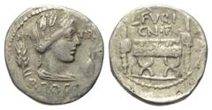Roman Republican L. Furius Brocchus. Denar (Silber). 63 v. Chr. Rom. Vs: III - VIR / BROCCHI. Kopf der Ceres mit Ährenkranz und Nackenlocke rechts, dahinter Ähre, davor Getreidekorn. Rs: L FVRI / CN F