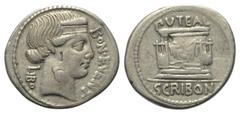 Roman Republican L. Scribonius Libo. Denar (Silber). 62 v. Chr. Rom. Vs: BON EVENT / LIBO. Kopf des Bonus Eventus mit Diadem rechts. Rs: PVTEAL / SCRIBON. Das Puteal Scribonianum, verziert mit Girland