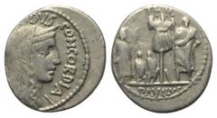 Roman Republican L. Aemilius Paullus. Denar (Silber). 62 v. Chr. Rom. Vs: [PAVLLVS LEP]IDVS CONCORDIA. Kopf der Concordia mit Diadem und Schleier rechts. Rs: TER / PAVLLVS. Tropaeum zwischen König Per