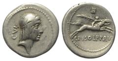 Roman Republican C. Calpurnius Piso Frugi. Denar (Silber). 61 v. Chr. Rom. Vs: Kopf des Apollo mit Tänie rechts, dahinter Kotrollmarke CVI. Rs: C PISO L F FRV. Reiter mit Palmzweig zu Pferde nach rech