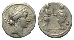 Roman Republican C. Servilius. Denar (Silber). 53 v. Chr. Rom. Vs: FLORAL PRIMVS. Kopf der Flora mit Lorbeer- und Blütenkranz rechts, dahinter Lituus. Rs: C SERVEIL / C F. Zwei Krieger mit Helm, Schwe