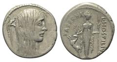 Roman Republican L. Hostilius Saserna. Denar (Silber). 48 v. Chr. Rom. Vs: Kopf einer Gallierin mit langen, herabhängenden Haaren rechts, dahinter Carnyx. Rs: L HOSTILIVS / SASERNA. Kultbild der Artem