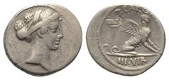 Roman Republican T. Carisius. Denar (Silber). 46 v. Chr. Rom. Vs: Kopf der Sibylle mit Sphendone rechts. Rs: T CARISIVS / III VIR. Sphinx nach rechts sitzend. 19 mm. 3,97 g. Cr. 464/1; Syd. 983 a. Rs.