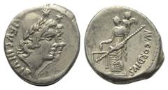 Roman Republican Mn. Cordius Rufus. Denar (Silber). 46 v. Chr. Rom. Vs: RVFVS III VIR. Köpfe der Dioscuren mit Pilei rechts, darüber Sterne. Rs: MN CORDIVS. Venus Verticordia mit Waage und Szepter nac