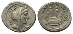 Roman Republican L. Mussidius Longus. Denar (Silber). 42 v. Chr. Rom. Vs: CONCORDIA. Drapierte und verschleierte Büste der Concordia mit Diadem rechts, im Feld rechts Mondsichel. Rs: L MVSSIDIVS LONGV