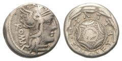Roman Republican M. Caecilius Metellus. Denar (Silber). 127 v. Chr. Rom. Auf den Sieg des Großvaters Q. Caecilius Metellus Macedonicus über Andriskos in Makedonien 148 v. Chr. Vs: ROMA. Kopf der Roma 