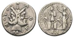Roman Republican M. Furius Philus. Denar (Silber). 120 v. Chr. Rom. Vs: M FOVRI L F. Doppelkopf des Janus mit Lorbeerkranz. Rs: ROMA / PHIL. Roma mit Szepter nach links stehend und Tropaeum aus gallis