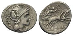 Roman Republican L. Flaminius Chilo. Denar (Silber). 109 oder 108 v. Chr. Rom. Vs: ROMA. Kopf der Roma mit geflügeltem Helm rechts, davor Wertzeichen. Rs: L FLAMINI / CILO. Victoria mit Kranz in galop