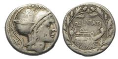 Roman Republican Q. Lutatius Cerco. Denar (Silber). 109 oder 108 v. Chr. Rom. Vs: CERCO / ROMA. Kopf der Roma (oder Mars?) mit federgeschmücktem pseudokorinthischem Helm rechts. Dahinter Wertzeichen. 