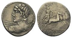 Roman Republican C. Licinius Macer. Denar (Silber). 84 v. Chr. Rom. Vs: Büste des Apollo mit Blitzbündel in Rückenansicht nach links. Rs: C LICINIVS L F / MACER. Minerva mit Lanze und Schild in Quadri