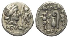 Roman Republican L. Cornelius Sulla. Denar (Silber). 84 - 83 v. Chr. Feldmünzstätte Sullas. Vs: L SVLLA. Kopf der Venus mit Diadem rechts, davor Cupido mit Palmzweig nach links stehend. Rs: IMPER / IT
