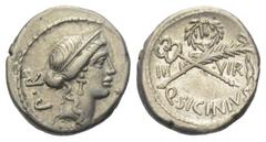 Roman Republican Q. Sicinius. Denar (Silber). 49 v. Chr. Vs: FORT P R. Kopf der Fortuna Populi Romani mit Diadem rechts. Rs: III - VIR / Q SICINIVS. Geflügelter Caduceus und bändergeschmückter Palmzwe