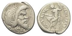Roman Republican C. Vibius Pansa. Denar (Silber). 48 v. Chr. Vs: PANSA. Bärtige Maske des Pan rechts. Rs: C VIBIVS C F C N IOVIS AXVR. Jupiter Anxurus mit Patera und Szepter nach links sitzend. 18 mm.