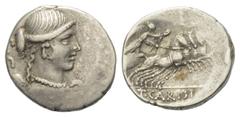 Roman Republican T. Carisius. Denar (Silber). 46 v. Chr. Vs: S. C. Büste der Victoria rechts. Rs: T CARISI. Victoria mit Kranz in Quadriga nach rechts fahrend. 18 mm. 3,46 g. Cr. 464/5; Syd. 985. Sehr