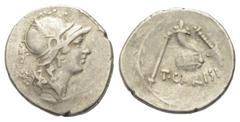 Roman Republican T. Carisius. Denar (Silber). 46 v. Chr. Vs: ROMA. Kopf der Roma mit federgeschmücktem Helm rechts. Rs: T CARISI. Füllhorn auf Globus zwischen Szepter und Ruder; das Ganze in Lorbeerkr