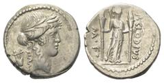 Roman Republican P. Clodius. Denar (Silber). 42 v. Chr. Vs: Kopf des Apollo mit Lorbeerkranz rechts, dahinter Lyra. Rs: P CLODIVS / M F. Diana mit zwei brennenden Stabfackeln, Bogen und Köcher nach re