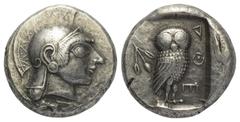 Greek Attika. Athen. Tetradrachme (Silber). Ca. 500 - 480 v. Chr. Vs: Kopf der Athena mit attischem Helm und Ohranhänger rechts. Rs: Eule nach rechts stehend, den Kopf en face, im Feld links oben Oliv