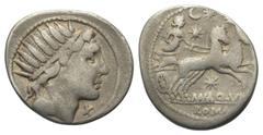 Roman Republican Man. Aquillius. Denar (Silber). 109 - 108 v. Chr. Rom. Vs: Kopf des Sol mit Strahlenkrone rechts, davor X. Rs: MAN AQVIL / ROMA. Luna in galoppierender Quadriga nach rechts fahrend, i