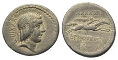Roman Republican L. Calpurnius Piso Frugi. Denar (Silber). 90 v. Chr. Rom. Vs: Kopf des Apollo mit Lorbeerkranz rechts, dahinter XXXIII. Rs: L PISO FRVGI. Reiter mit geschultertem Palmzweig nach recht