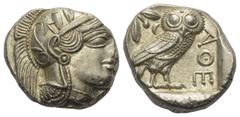 Greek Attika. Athen. Tetradrachme (Silber). Ca. 454 - 404 v. Chr. Vs: Kopf der Athena mit ölzweiggeschmücktem attischem Helm, Ohranhänger und Halskette rechts. Rs: Eule nach rechts stehend, Kopf en fa