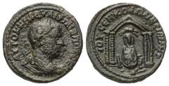Roman Provincial Mesopotamien. Nisibis. Philippus II. (247 - 249 n. Chr.). Bronze. Vs: Büste mit Strahlenkrone und Panzer links. Rs: Viersäuliger Tempel, darin Tyche en face sitzend, über ihr Widder n
