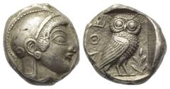 Greek Attika. Athen. Tetradrachme (Silber). Ca. 500 - 490 v. Chr. Vs: Kopf der Athena mit attischem Helm und Ohranhänger rechts. Rs: Eule nach rechts stehend, den Kopf en face, im Feld links oben Ethn