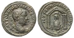Roman Provincial Mesopotamien. Nisibis. Philippus II. (247 - 249 n. Chr.). Bronze. Vs: Büste mit Strahlenkrone und Panzer links. Rs: Viersäuliger Tempel, darin Tyche en face sitzend, über ihr Widder n