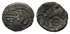 Celtic Gallien. Aedui. Quinar (Silber). Ca. 80 - 50 v. Chr. Vs: Leicht stilisierter Kopf mit Helm links. Rs: Pferd nach links galoppierend, darüber X, darunter vierspeichiges Rad. 14 mm. 1,25 g. De la