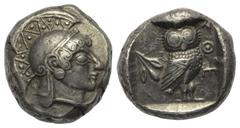 Greek Attika. Athen. Tetradrachme (Silber). Ca. 500 - 480 v. Chr. Vs: Kopf der Athena mit attischem Helm und Ohranhänger rechts. Rs: Eule nach rechts stehend, den Kopf en face, im Feld links oben Ethn