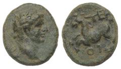 Roman Provincial Lykien. Temessos Minor, bei Oinoanda. Tiberius (14 - 37 n. Chr.)?. Bronze. Vs: Kopf mit Lorbeerkranz rechts. Rs: TEP / OI. Pferd nach links galoppierend. 19 mm. 4,65 g. RPC I, 3358. S