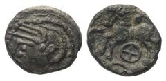 Keltische Münzen Gallien. Aedui. Quinar (Silber). Ca. 80 - 50 v. Chr. Vs: Leicht stilisierter Kopf mit Helm links. Rs: Pferd nach links galoppierend, darüber X, darunter vierspeichiges Rad. 14 mm. 1,2
