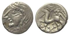 Keltische Münzen Gallien. Bituriges. Quinar (Silber). Vs: Kopf links. Rs: Pferde nach links stehend, darüber Wildschwein links, darunter X. 14 mm. 1,89 g. de la Tour 4108; DT 3449. Fast vorzüglich.