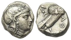 Griechische Münzen Attika. Athen. Tetradrachme (Silber). Ca. 353 - 294 v. Chr. Vs: Kopf der Athena mit ölzweiggeschmücktem, attischem Helm, Ohranhänger und Halskette rechts. Rs: Eule nach rechts stehe