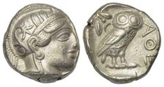 Greek Attika. Athen. Tetradrachme (Silber). Ca. 353 - 294 v. Chr. Vs: Kopf der Athena mit ölzweiggeschmücktem, attischem Helm, Ohranhänger und Halskette rechts. Rs: Eule nach rechts stehend, Kopf en f