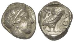 Greek Attika. Athen. Tetradrachme (Silber). Ca. 353 - 294 v. Chr. Vs: Kopf der Athena mit ölzweiggeschmücktem, attischem Helm, Ohranhänger und Halskette rechts. Rs: Eule nach rechts stehend, Kopf en f
