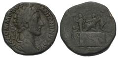 Commodus (177 - 192 n. Chr.). Sesterz. 181 n. Chr. Rom. Vs: M COMMODVS ANTONINVS AVG. Büste mit Lorbeerkranz und Panzer rechts. Rs: Im Abschnitt: LIB AVG IIII. Commodus mit ausgestreckter Rechter auf 