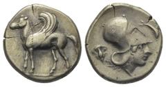 Griechische Münzen Korinthia. Korinth. Stater (Silber). Ca. 400 - 350 v. Chr. Vs: Pegasos nach links schreitend. Rs: Kopf der Athena mit korinthischem Helm rechts; im Feld links Rose und rechts Delfin