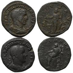 Roman Coins - Lots Römische Münzen - Lots. Römische Kaiserzeit. Gordianus III. (238 - 244 n. Chr.) und Philippus I. Arabs (244 - 249 n. Chr.). Lot (2 Stück): Dupondius (2x). Sehr schön. Verkauft wie b