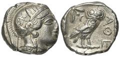 Greek Coins Attika. Athen. Tetradrachme (Silber). Ca. 353 - 294 v. Chr. Vs: Kopf der Athena mit ölzweiggeschmücktem, attischem Helm, Ohranhänger und Halskette rechts. Rs: Eule nach rechts stehend, Kop