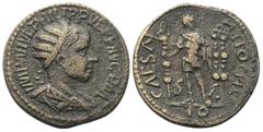 Roman Provincial Coins Pisidien. Antiochia. Philippus I. Arabs (244 - 249 n. Chr.). Bronze. Vs: Büste mit Strahlenkrone, Paludament und Panzer rechts. Rs: Philippus frontal stehend zwischen Szepter un